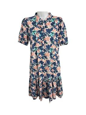 Luv-A-Blusa Short Sleeve Floral Dress Navy Coral Green Teal Size M